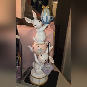 Charming White and Pink Bunny Teapot Figurine